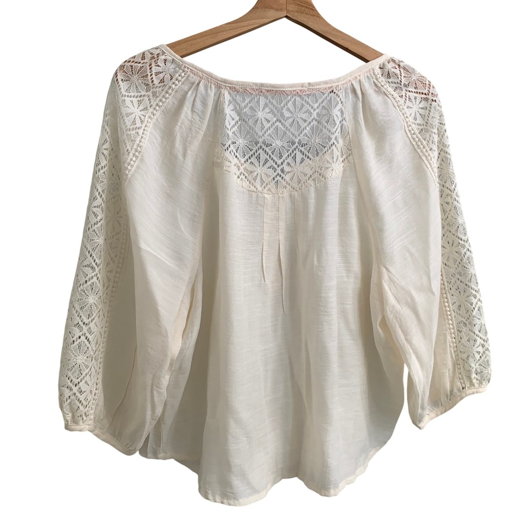 Jolt Ivory Crochet Lace Peasant Blouse Womens Large Boho Henley 3/4 Sleeve Top - Picture 2 of 3